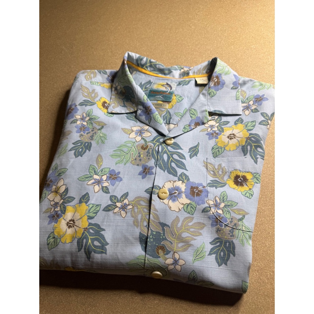 Tommy Bahama Mens L Silk Cotton Floral Aloha Camp‎ Shirt Blue Island Modern fit